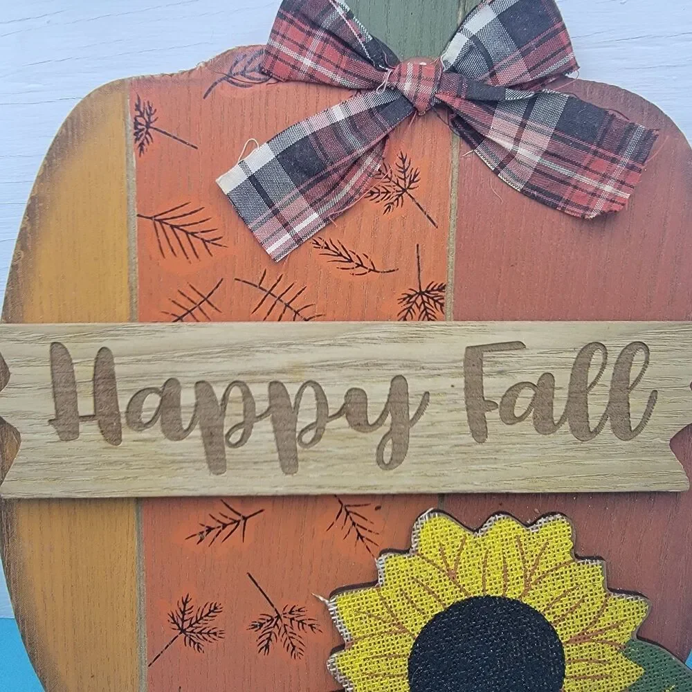 Happy Fall PUMPKIN SIGN Door Hanger Autumn Rustic Primitive Plaque Decor